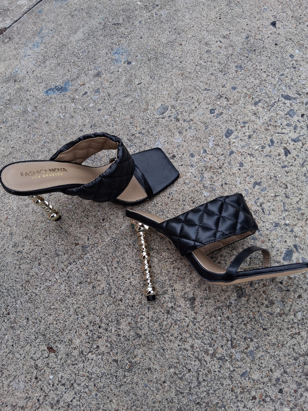 Fashion Nova Black Quilted Slide Heels with Gold Sculpted Stiletto